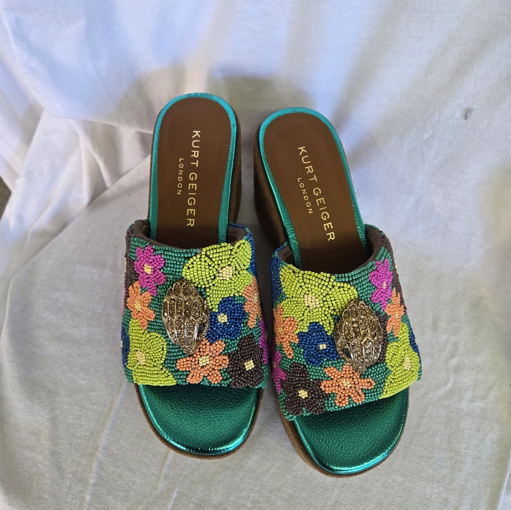 Kurt Geiger Beaded Floral Slide Mules in Teal, Green, Pink, Orange - Picture 6 of 16